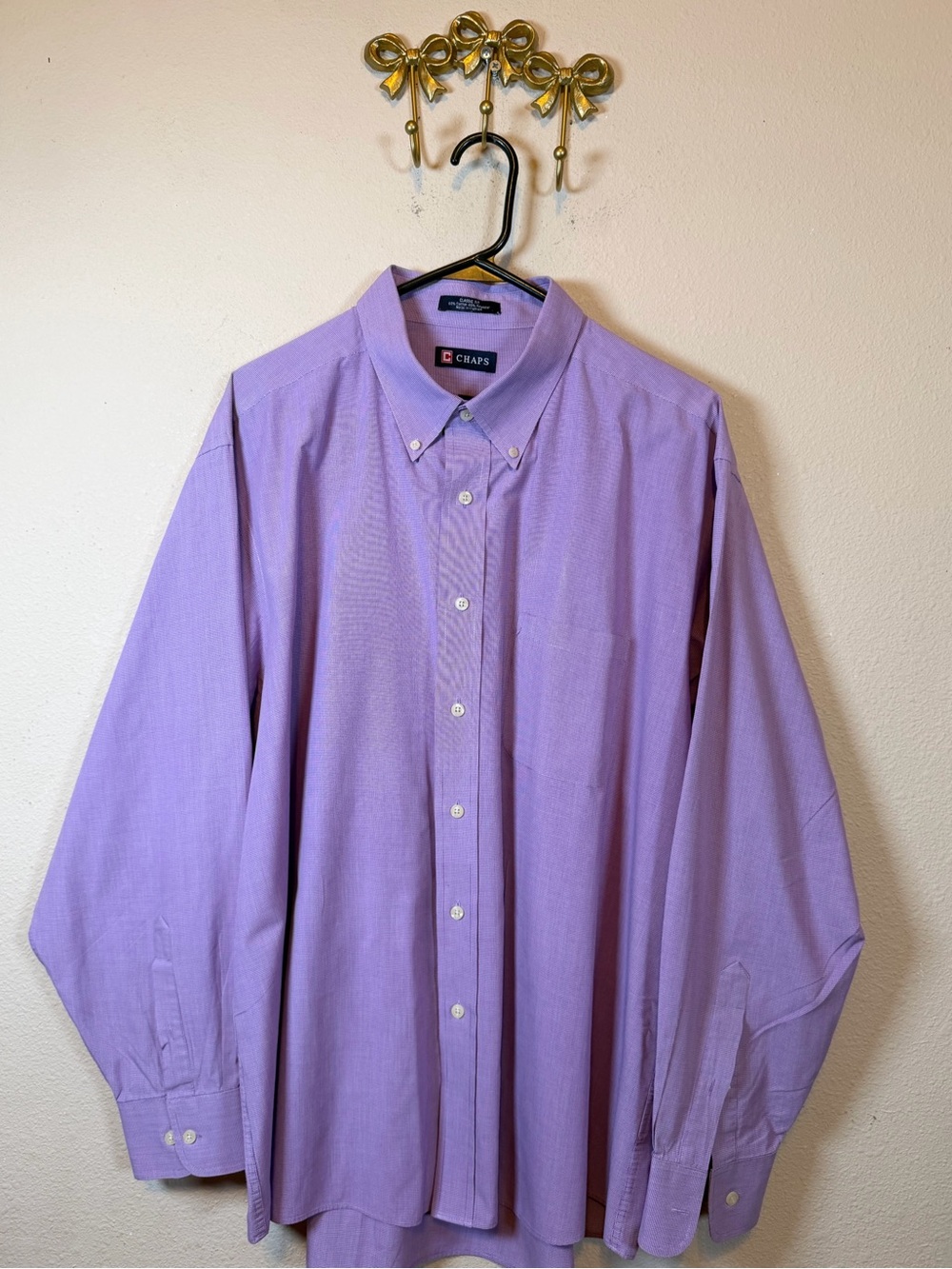 Chaps Men's Light Purple& White Micro Gingham Button-Down Dress Shirt. Size 18.5